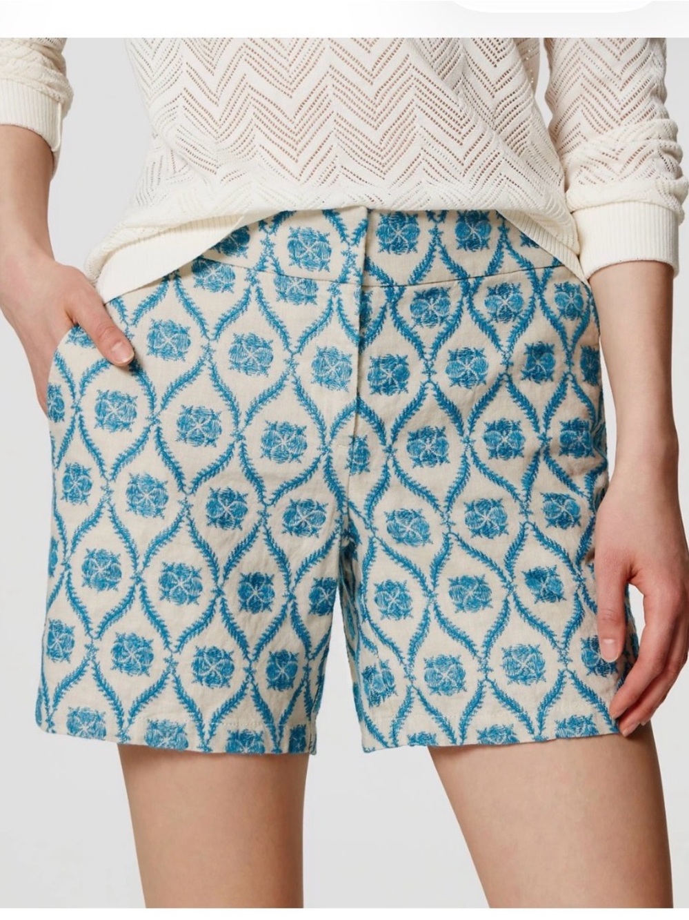 Embroidered Printed Cream and Blue Bermuda Shorts Loft Like New